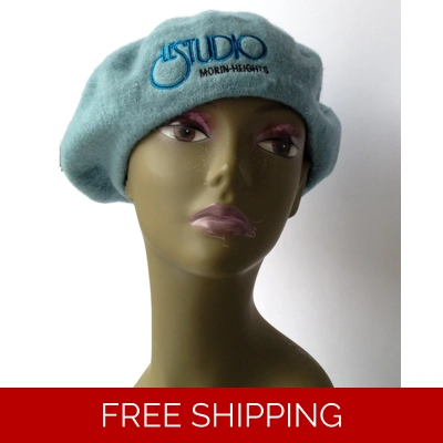 Wool Sky Blue French Beret Black & Blue Embroid Logo M/H